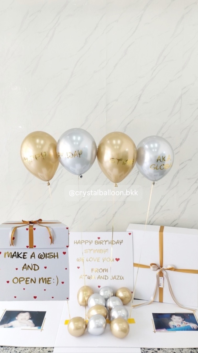 Happy Birthday กล่องเซอร์ไพรส์วันเกิด พร้อม ลูกโป่ง 4 ลูก พร้อมตกเเต่ง สามารถใส่รูปได้ 2 ใบ สามารถเปลี่ยนสีลูกโป่ง/เปลี่ยนสีข้อความได้