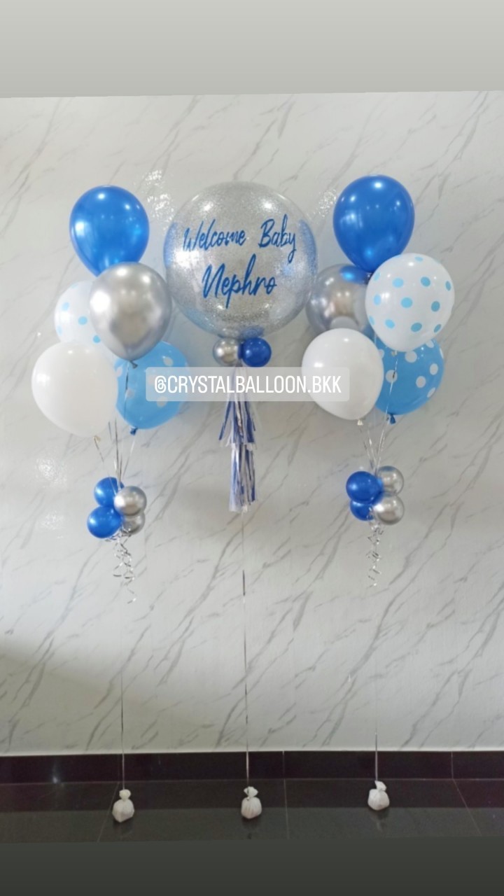 ลูกโป่ง Welcome Baby Bubble ขนาด 24" กลิตเตอร์สีเงิน พร้อม ช่อลูกโป่ง ช่อ 5 ลูก 2 ช่อ พร้อมตกแต่ง สามารถเปลี่ยนสีลูกโป่ง/เปลี่ยนข้อความ/เปลี่ยนขนาดได้