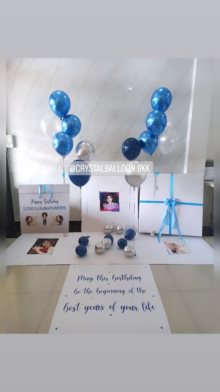 Happy Birthday Surprise Jumbo Box 36" Theme สีน้ำเงิน พร้อมตกแต่ง ช่อลูกโป่ง 5 ลูก 2 ช่อ,สามารถใส่ รูปได้ 3 รูป สามารถเปลี่ยนสีลูกโป่ง/เปลี่ยนสีข้อความได้