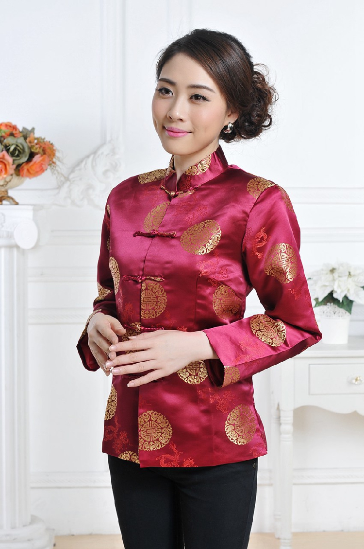 Pre-order เสื้อคอจีน ผู้หญิง ผ้าไหมจีน ทอลาย แขนยาว สีไวน์แดง