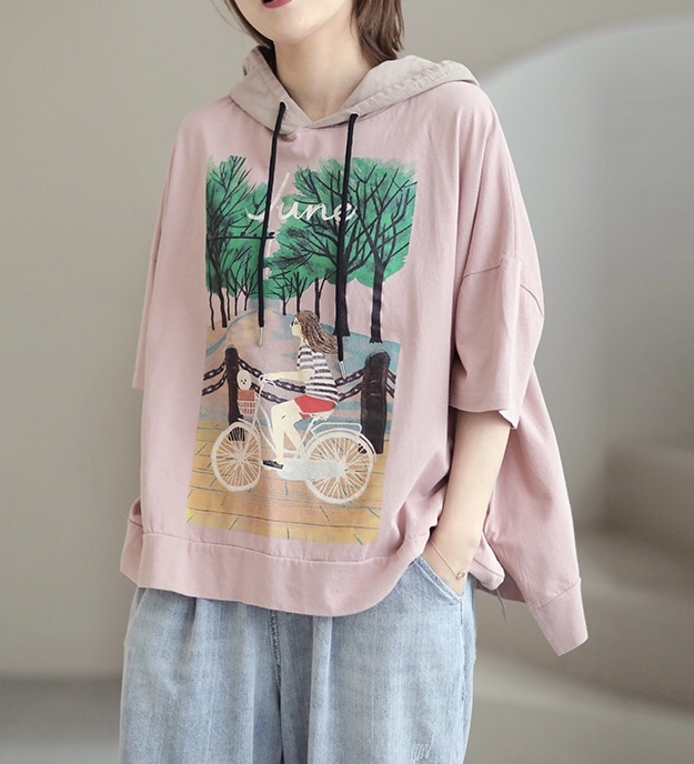 เสื้อยืดสกรีนลายแต่งฮู้ดผ้าฝ้าย