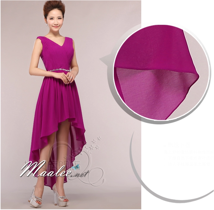 พร้อมส่ง ชุดราตรีสั้น แขนกุด หน้าสั้นหลังยาว สีน้ำเงิน คาดเอวคริสตัล