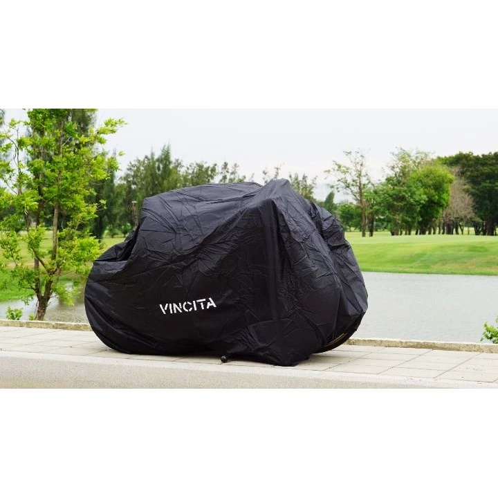 VINCITA B500A ผ้าคลุมจักรยาน 2 คัน | ไนล่อนเคลือบกันน้ำ | มียางยืด + ตะขอรัดกลาง | สีดำ