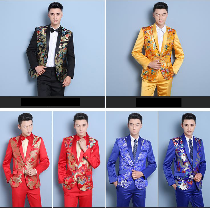 Pre-order ชุดสูทจีนชาย สีน้ำเงินปกคอน้ำเงิน พิมพ์ลายกราฟฟิก