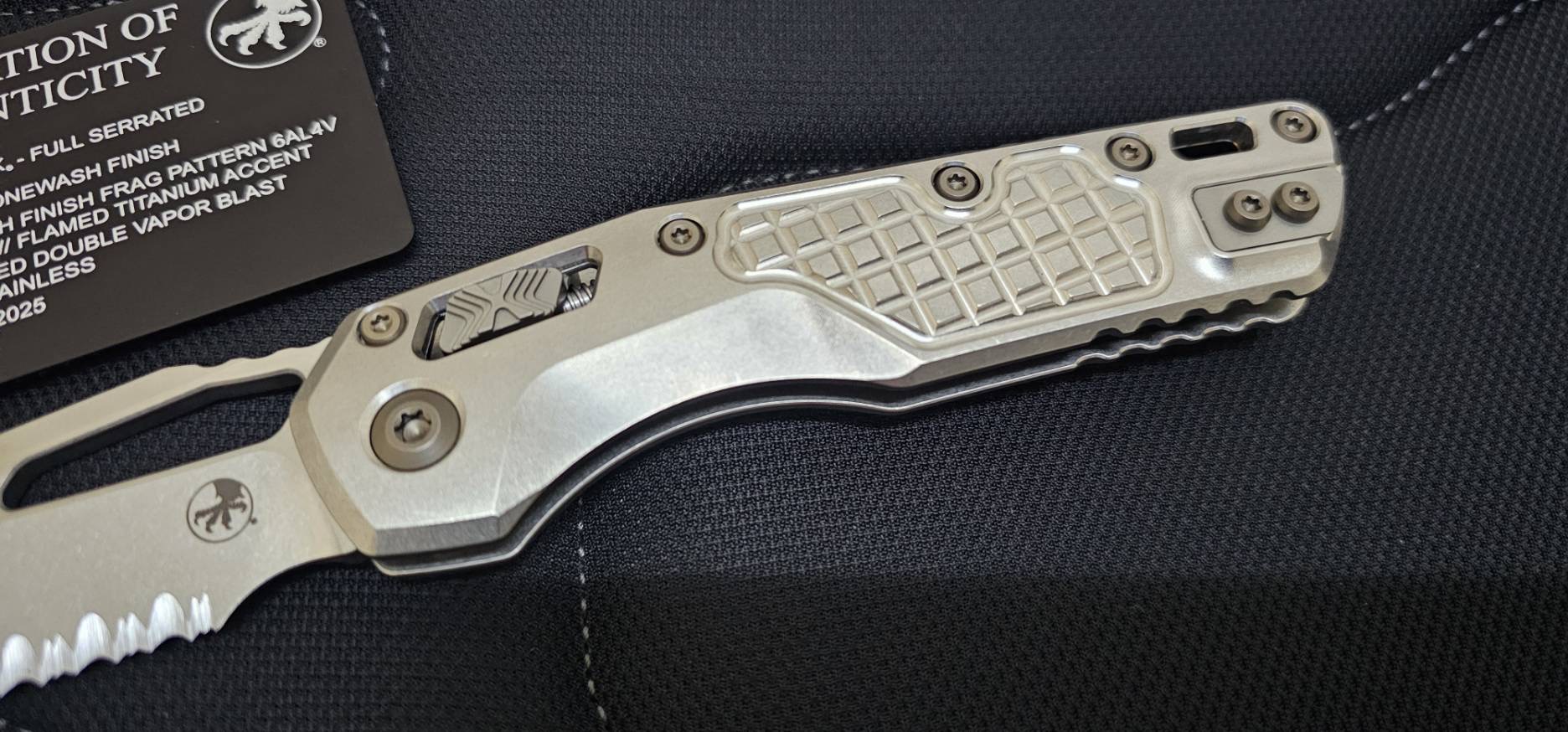 Microtech Marfione Select MSI RAM LOK Frag Titanium Handles w/ Double Vapor Blast & Flamed Accents & Full Serrated Stonewash M390MK