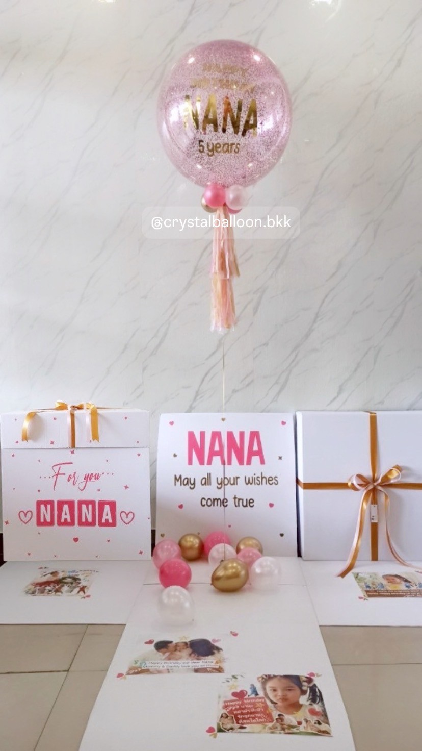 Happy Birthday Surprise Box กล่องเซอร์ไพรส์วันเกิด Bubble ขนาด 24" กลิตเตอร์สีชมพู พร้อมตกแต่ง สามารถใส่รูปได้ 4 ใบ สามารถเปลี่ยนสีลูกโป่ง/เปลี่ยนข้อความได้