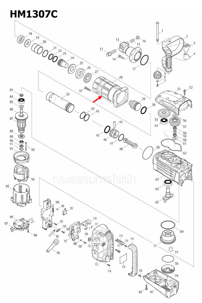 BARREL สกัดไฟฟ้า Makita HM1307C [#28] Pn.318458-2 (แท้) ##