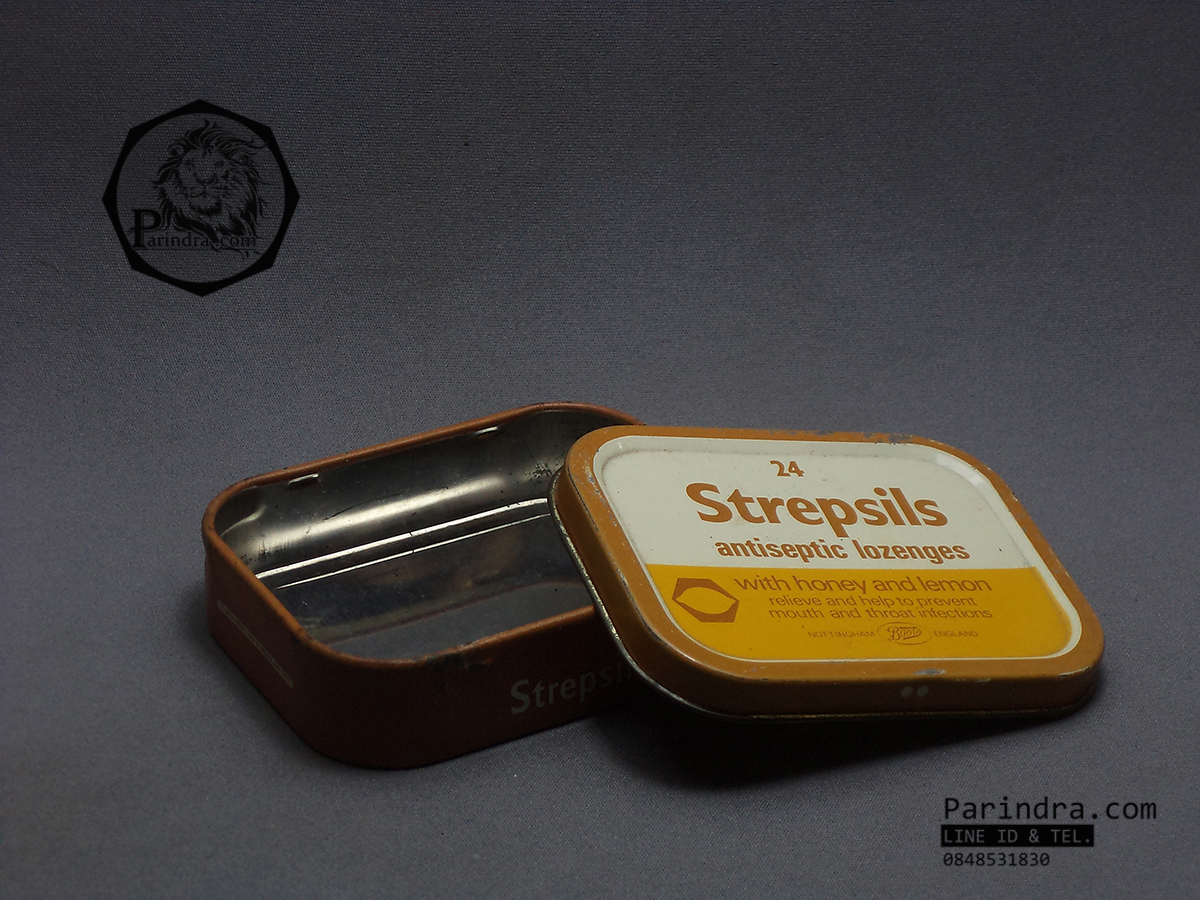 กล่องเหล็ก Strepsils รุ่นเก่า สีน้ำตาลอ่อน ปี 198x #S449