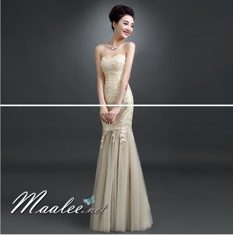 พร้อมส่ง ชุดราตรียาว สีครีม แบบเกาะอก ลายลูกไม้ ทรงหางปลาแต่งผ้าตาข่าย (เชือกผูกหลัง)