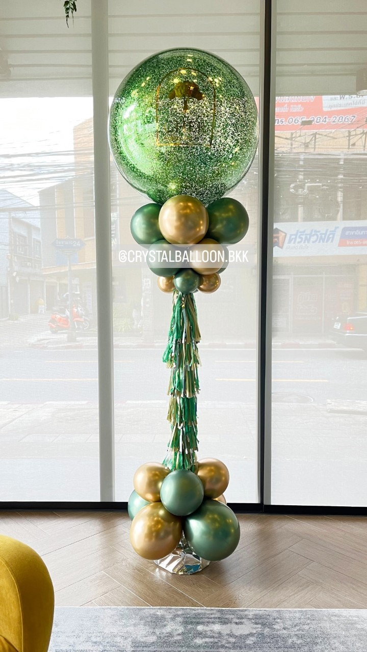 เสาลูกโป่ง เปิดร้าน Bubble ขนาด 36" กลิตเตอร์สีเขียว พร้อมตกแต่ง สามารถเปลี่ยนสีลูกโป่ง/เปลี่ยนข้อความได้