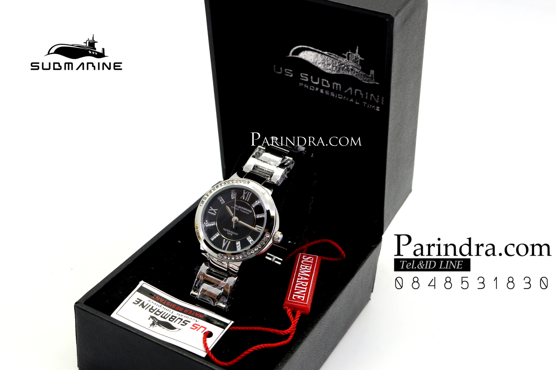 นาฬิกา US submarine รุ่น J120L กรอบหน้าปัดคริตตัล หน้าปัดดำ สายสแตนเลสสีเงินเงา