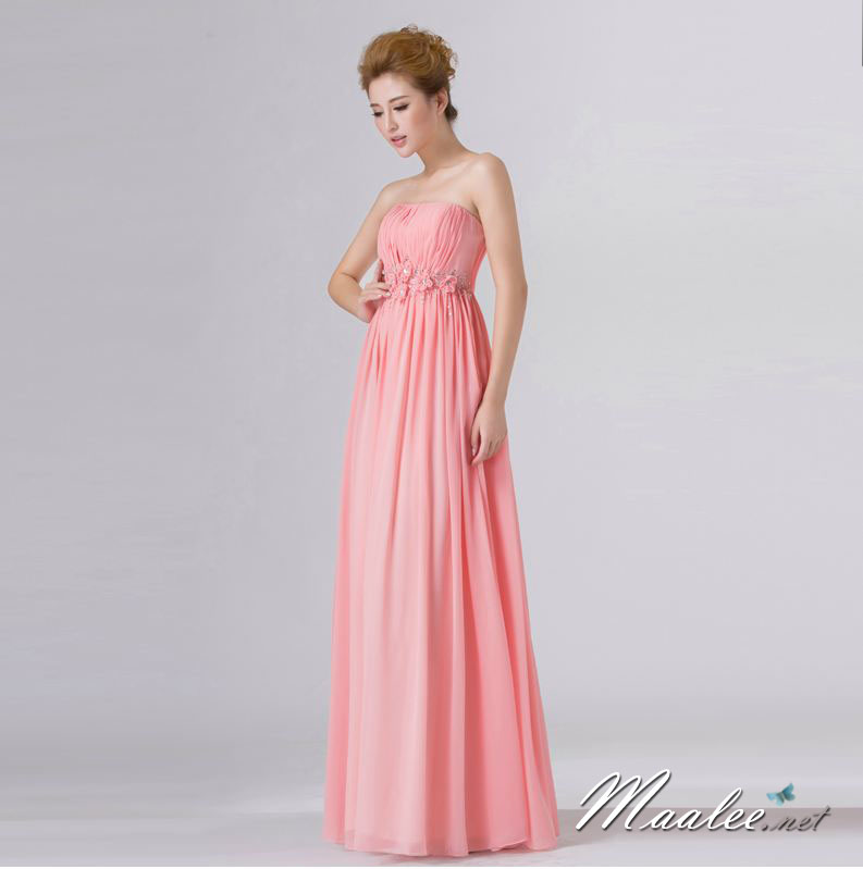 พร้อมส่ง ชุดราตรียาว เกาะอก สีโอรส แต่งดอกเก๋ๆ