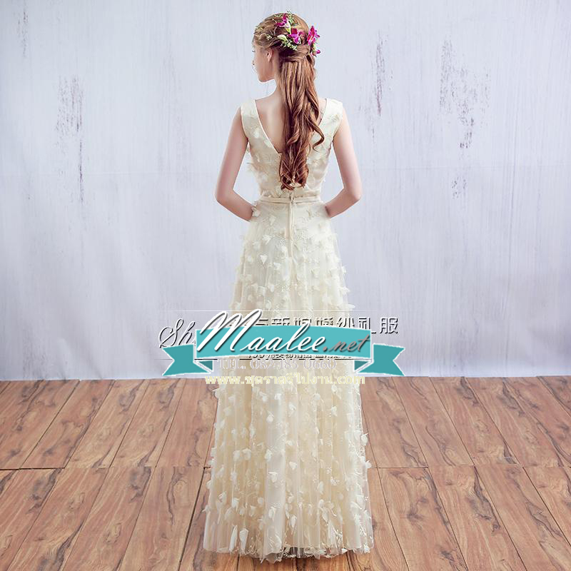 พร้อมส่ง ชุดราตรียาว แบบ F สีครีม แขนกุด ตัวชุดแต่งดอก 3 มิติ