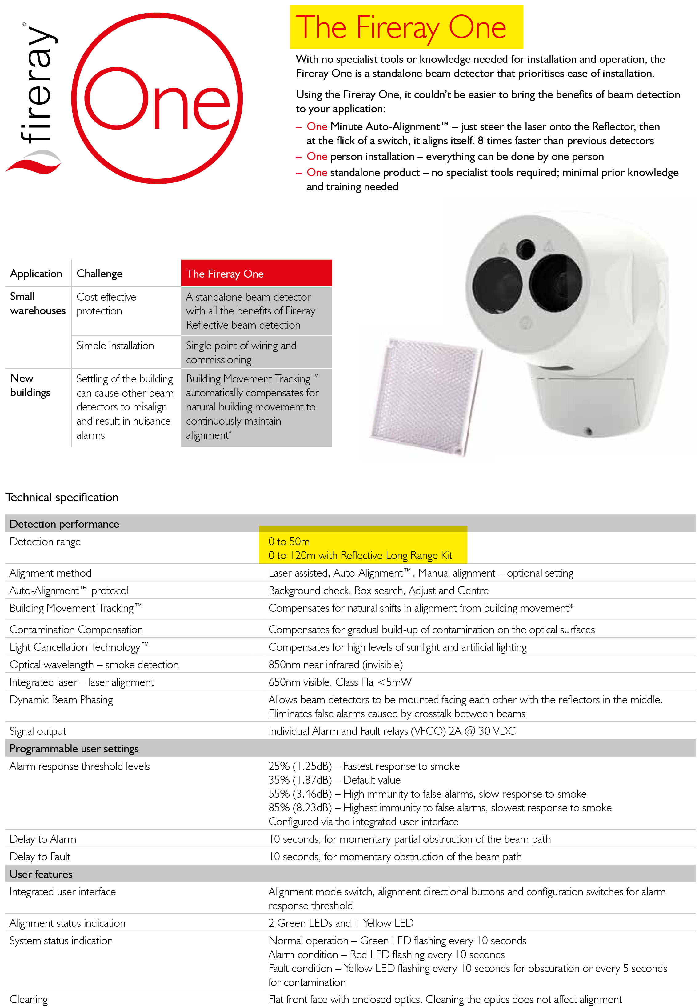 Minute Auto-Alignment Beam Smoke Detector 100 เมตร รุ่น Fireray One ยี่ห้อ Fireray มาตรฐาน UL lists.