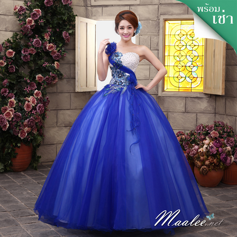 พร้อมเช่า ชุดแฟนซี ชุดราตรียาว สีน้ำเงิน เกาะอกไหล่เดียว แต่งดอกไม้ช่วงบน กระโปรงพองสวย