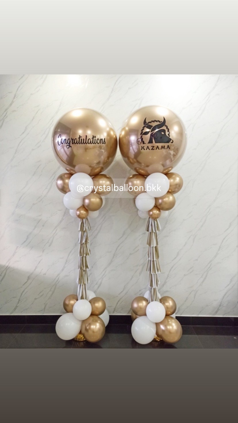 เสาลูกโป่ง เปิดร้าน ลูกโป่งยาง ขนาด 36" สีทองอ่อนโครเมี่ยม 2 เสา พร้อมตกแต่ง สามารถเปลี่ยนสีลูกโป่ง/เปลี่ยนข้อความได้