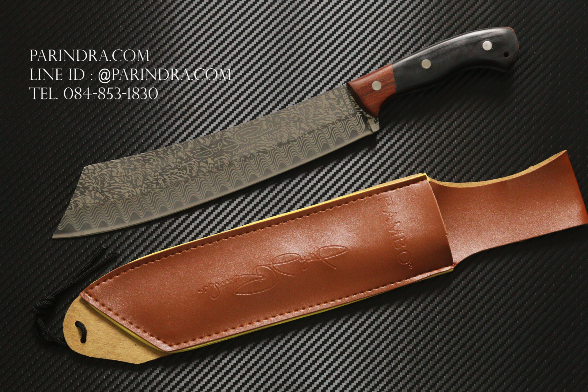 มีดเดินป่าใบตาย RAMBO IV แรมโบ้ 4 สุดโหด (ใบมีดลายดามัสกัสเทียม) ด้ามไม้