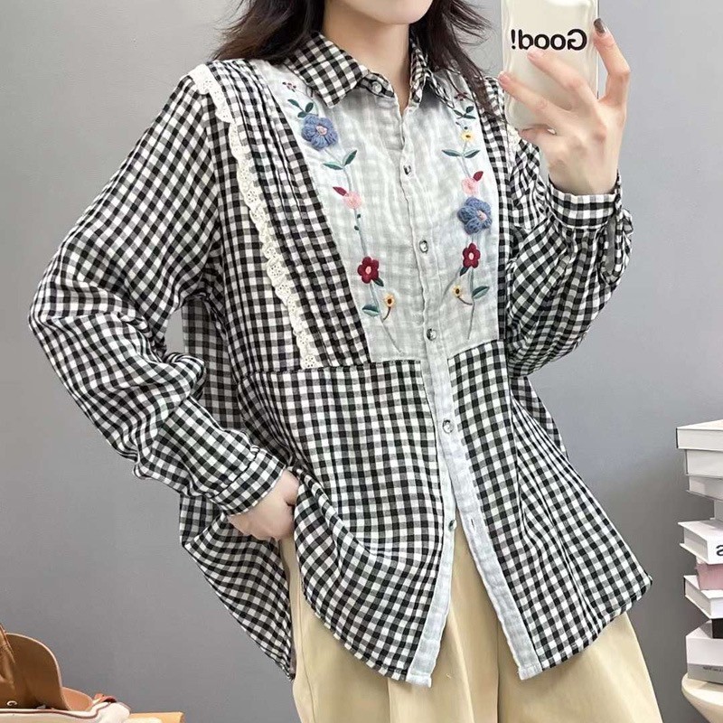 เสื้อเชิ้ตผ้าฝ้ายลายสก็อตลายปักแต่งลูกไม้