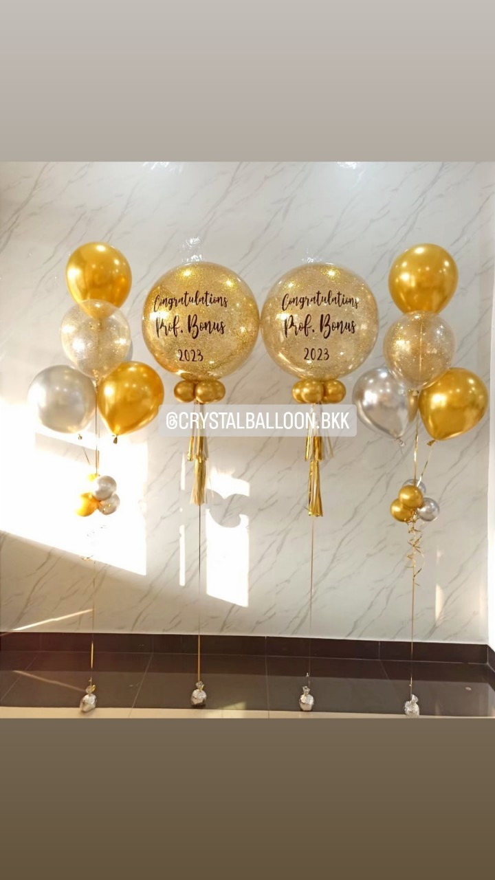 ลูกโป่ง รับปริญญา Bubble ขนาด 24" 2 ลูก Theme สีทอง-เงิน พร้อมตกแต่ง ช่อลูกโป่ง 5 ลูก 2 ช่อ สามารถเปลี่ยนสีลูกโป่ง/เปลี่ยนข้อความ/เปลี่ยนขนาดได้
