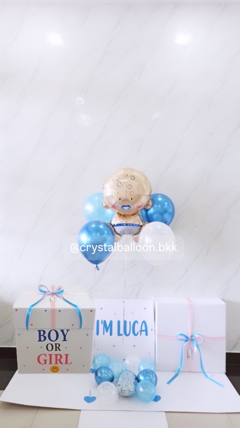 Surprised Box กล่องทายเพศ พร้อมตกแต่ง ลูกโป่ง 4 ลูก ฟอยล์เด็กทารก 1 ชิ้น,สามารถใส่รูปได้ 2 รูป สามารถเปลี่ยนสีลูกโป่ง/เปลี่ยนสี-ฟอยล์ตกแต่ง/เปลี่ยนข้อความได้