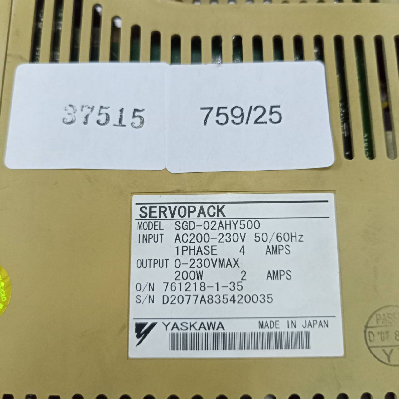 SGD-02AHY500 SERVO DRIVE " YASKAWA "