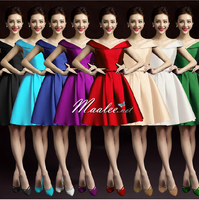 พร้อมเช่า ชุดราตรีสั้น แบบไหล่ปาด สไตล์วินเทจผ้าไหมดัชเชส กระโปรงทรงA แต่งโบว์ช่วงเอว (เชือกผูกหลัง) สีแดง