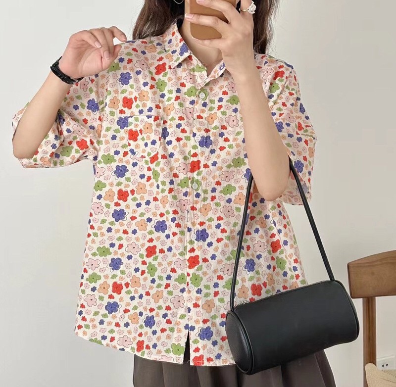เสื้อผ้าคอตตอนลายดอกไม้แต่งกระเป๋า