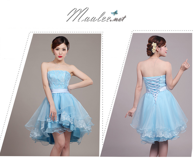 พร้อมเช่า ชุดราตรีสั้น เกาะอก แต่งลูกไม้กระโปรง3ชั้น ผ้าแก้ว ผ้าคาดเอวซาติน หน้าสั้นหลั้งยาว สีฟ้า