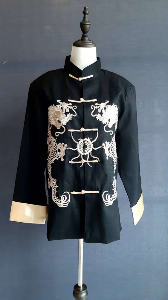 Pre-order ชุดจีน ชาย เสื้อคอจีน ผ้าไหมจีน สีดำ ปักลายมังกร