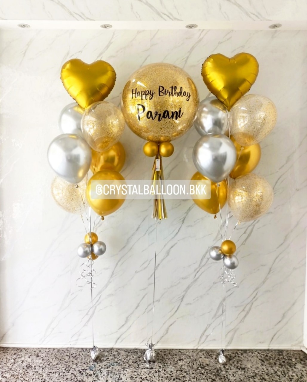 ลูกโป่ง วันเกิด Bubble ขนาด 24" กลิตเตอร์สีทอง พร้อมตกแต่ง ช่อลูกโป่งฟอยล์หัวใจ ขนาด 18" ช่อ 7 ลูก 2 ช่อ,ลูกโป่งใส ใส่กลิตเตอร์ สามารถเปลี่ยนสีลูกโป่ง/เปลี่ยนข้อความ/เปลี่ยนขนาด/เปลี่ยนสี-ฟอยล์ตกแต่งได้