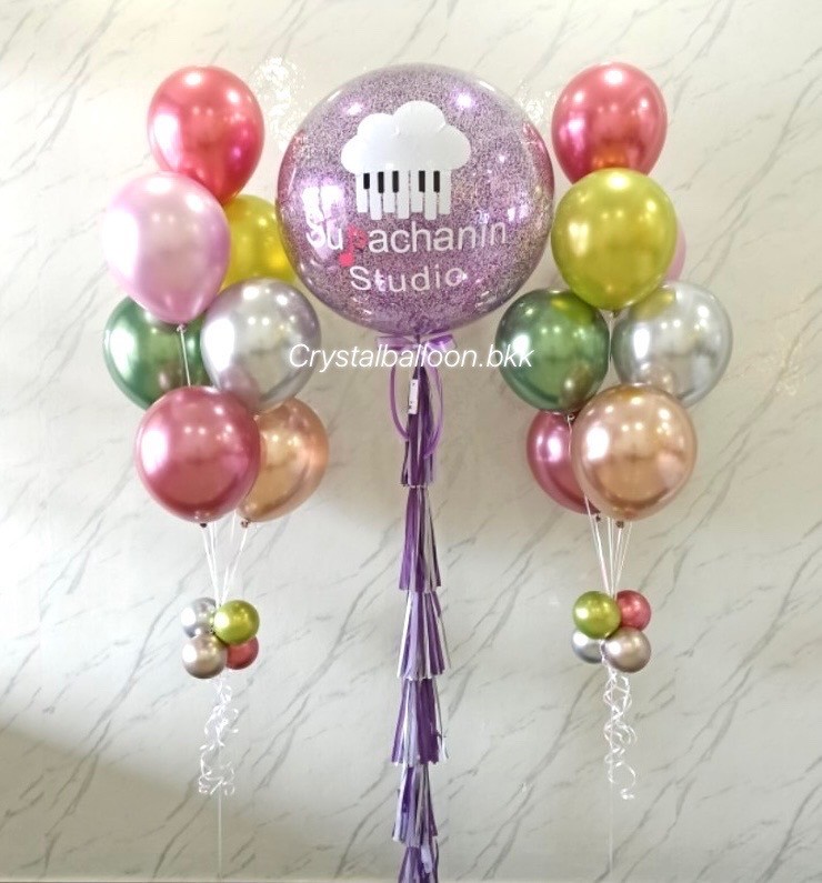 ลูกโป่ง เปิดร้าน Bubble ขนาด 36" กลิตเตอร์สีม่วง 1 ลูก พร้อม ช่อลูกโป่ง ช่อ 7 ลูก 2 ช่อ พร้อมตกแต่ง สามารถเปลี่ยนสีลูกโป่ง/เปลี่ยนข้อความ/เปลี่ยนขนาดได้
