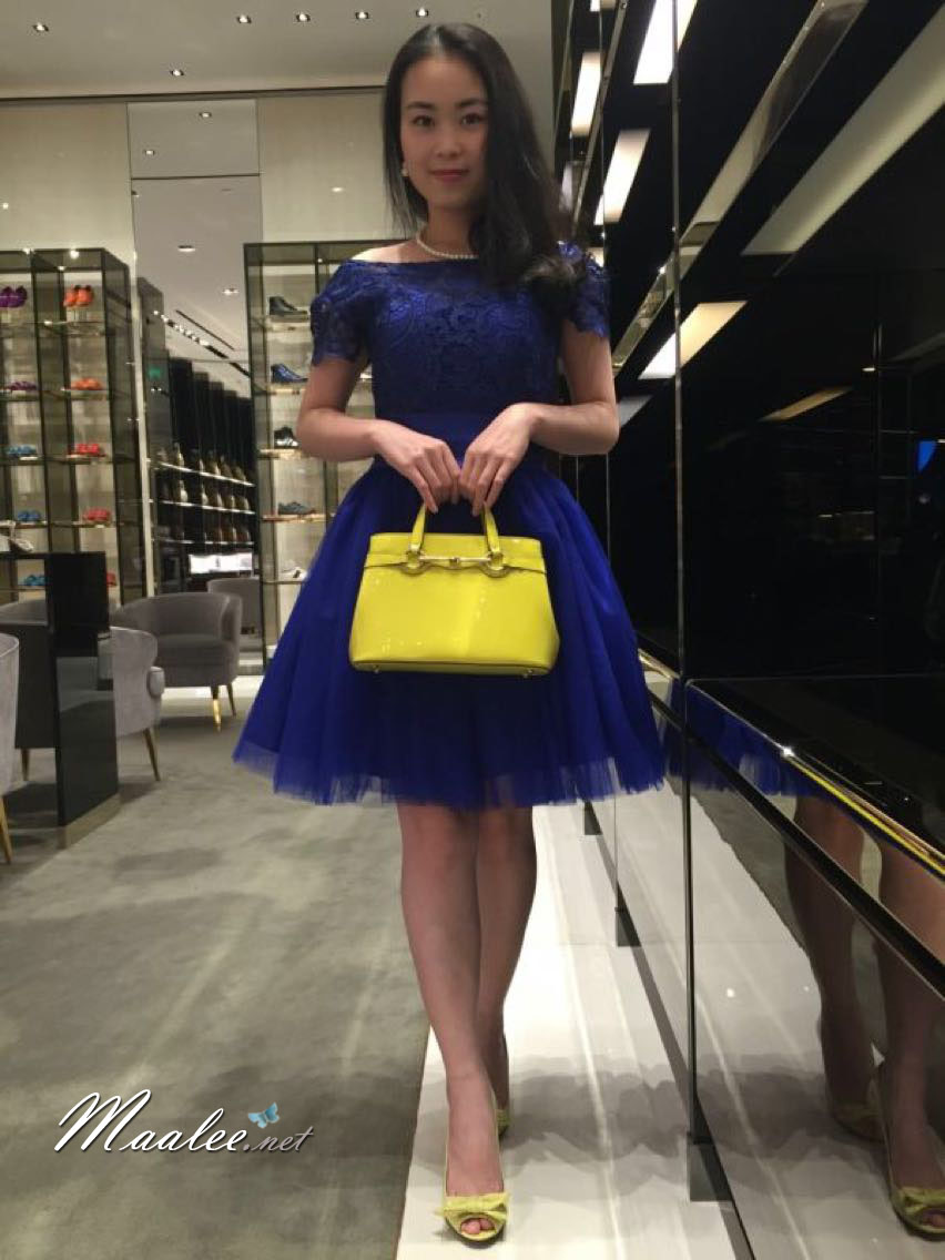 พร้อมเช่า ชุดราตรีสั้น เพื่อนเจ้าสาว แบบ A แขนสั้น ลูกไม้ ผ้าคาดเอวซาติน (ซิปหลัง)