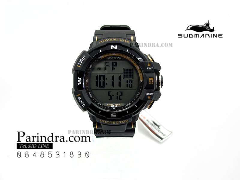 นาฬิกา US submarine TP1338M สีดำ-ทอง พื้นหลังเทา กรอบเข็มทิศระบบDigital