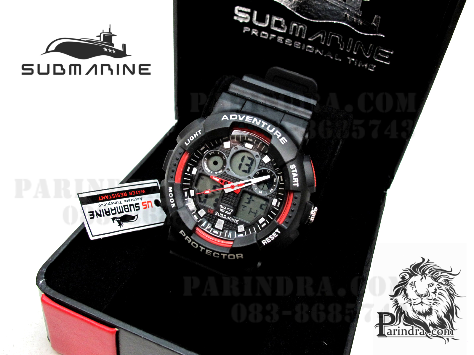 นาฬิกา US submarine Adventure Protector รุ่น TP3129M สีดำตัดแดงผิวด้าน พื้นหลังเทา