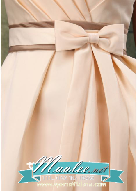 พร้อมเช่า ชุดราตรีสั้น แขนกุด สีฟ้า ผ้าซาติน คาดเอวสีฟ้า แต่งโบว์ตรงเอว