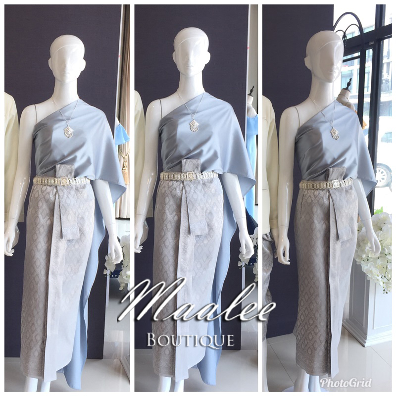 เช่า ชุดไทย ชุดเพื่อนเจ้าสาว ชุดไทยผ้าถุงสีเทาเงิน สไบเรียบ สีเทาเงิน