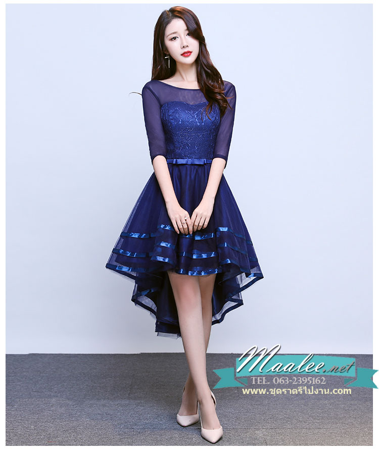 พร้อมเช่า ชุดราตรีแขนกุด หน้าสั้นหลังยาว สีกรมท่า แบบหน้าสั้น/หลังยาว สวยเก๋ กระโปรงตาข่าย (เชือกผูกหลัง)