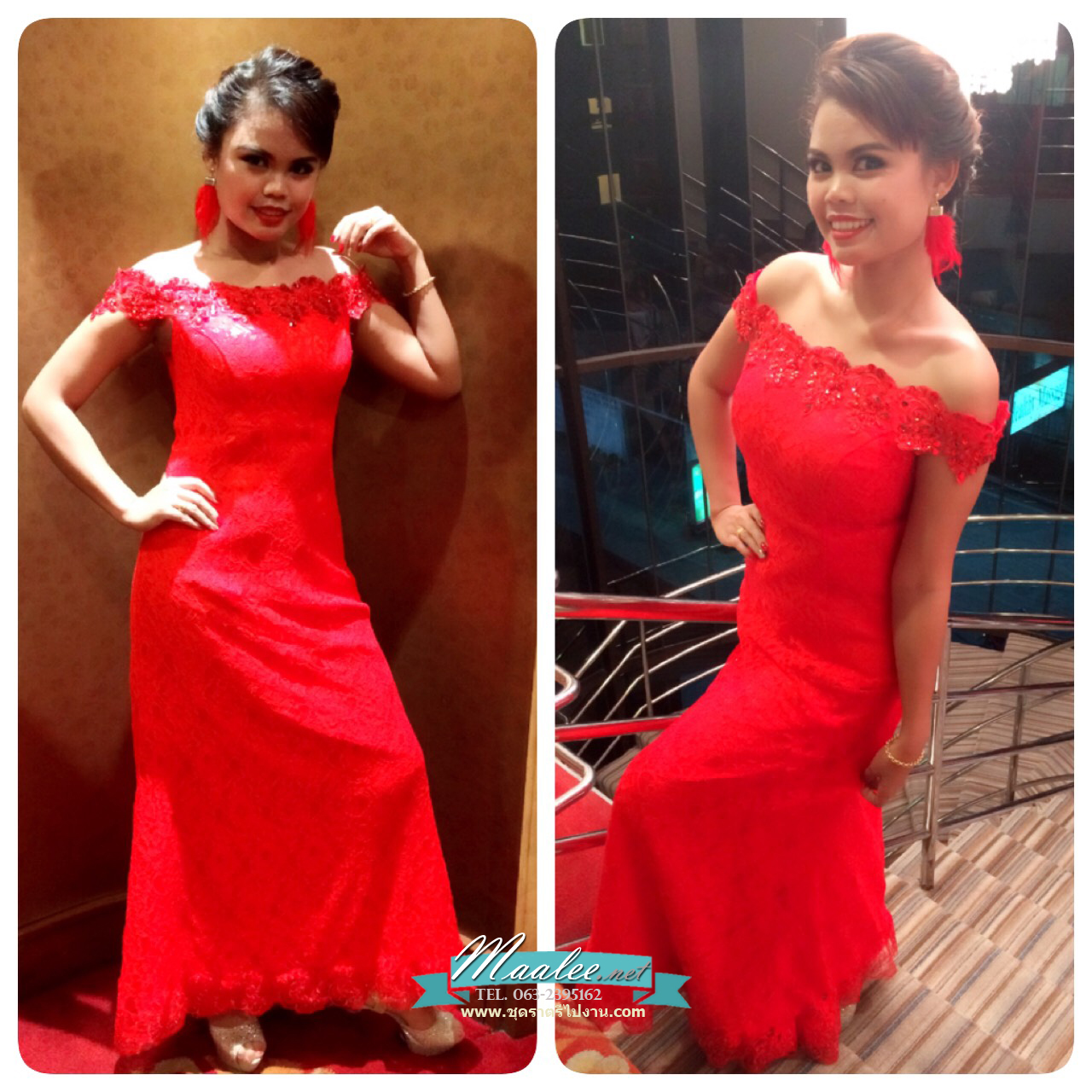 พร้อมเช่า ชุดราตรียาว แบบปาดไหล่เซ็กซี่ เข้ารูป ทรงหางปลา สีแดง ผ้าลูกไม้ แต่งเลื่อมสุดหรู (เชือกผูกหลัง)