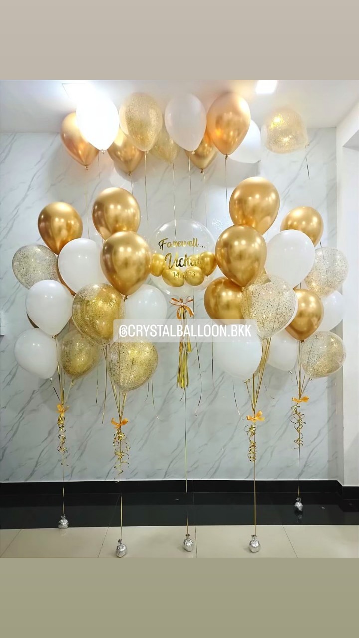 ลูกโป่ง อำลา Bubble USA 24" Theme ทอง พร้อม ช่อลูกโป่ง 9 ลูก 4 ช่อ,ลูกโป่งใส ใส่ กลิตเตอร์ พร้อมตกแต่ง ลูกโป่งลอยฝ้า 10 ลูก สามารถเปลี่ยนสีลูกโป่ง/เปลี่ยนข้อความได้