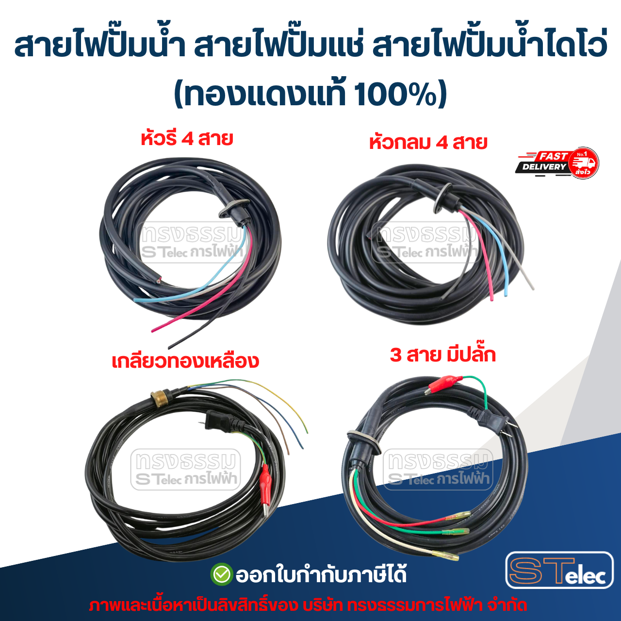 สายไฟปั๊มน้ำ สายไฟปั๊มแช่ สายไฟปั้มน้ำไดโว่ (ทองแดงแท้ 100%) อะไหล่ปั้มน้ำ