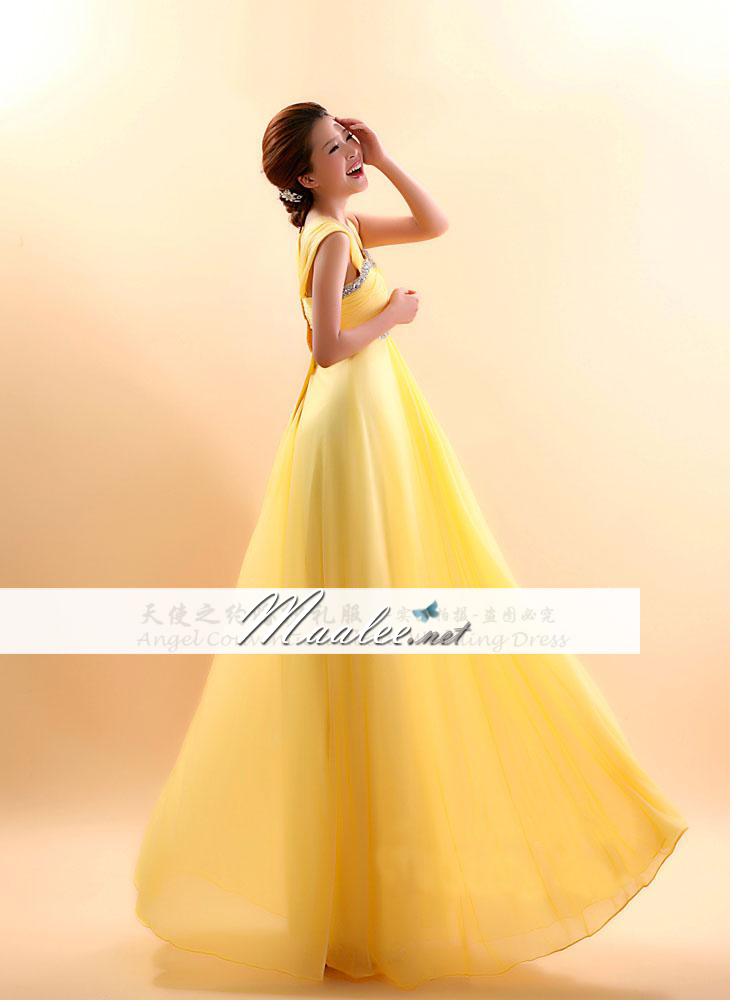 พร้อมส่ง ชุดราตรียาว ผ้าชีฟอง สีเหลือง แต่งคริสตัลหรูช่วงอกและเอว