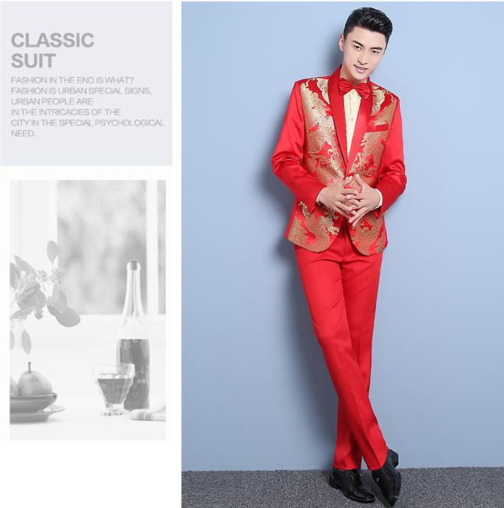 Pre-order ชุดสูทจีนชาย สีน้ำเงินปกคอน้ำเงิน พิมพ์ลายกราฟฟิก