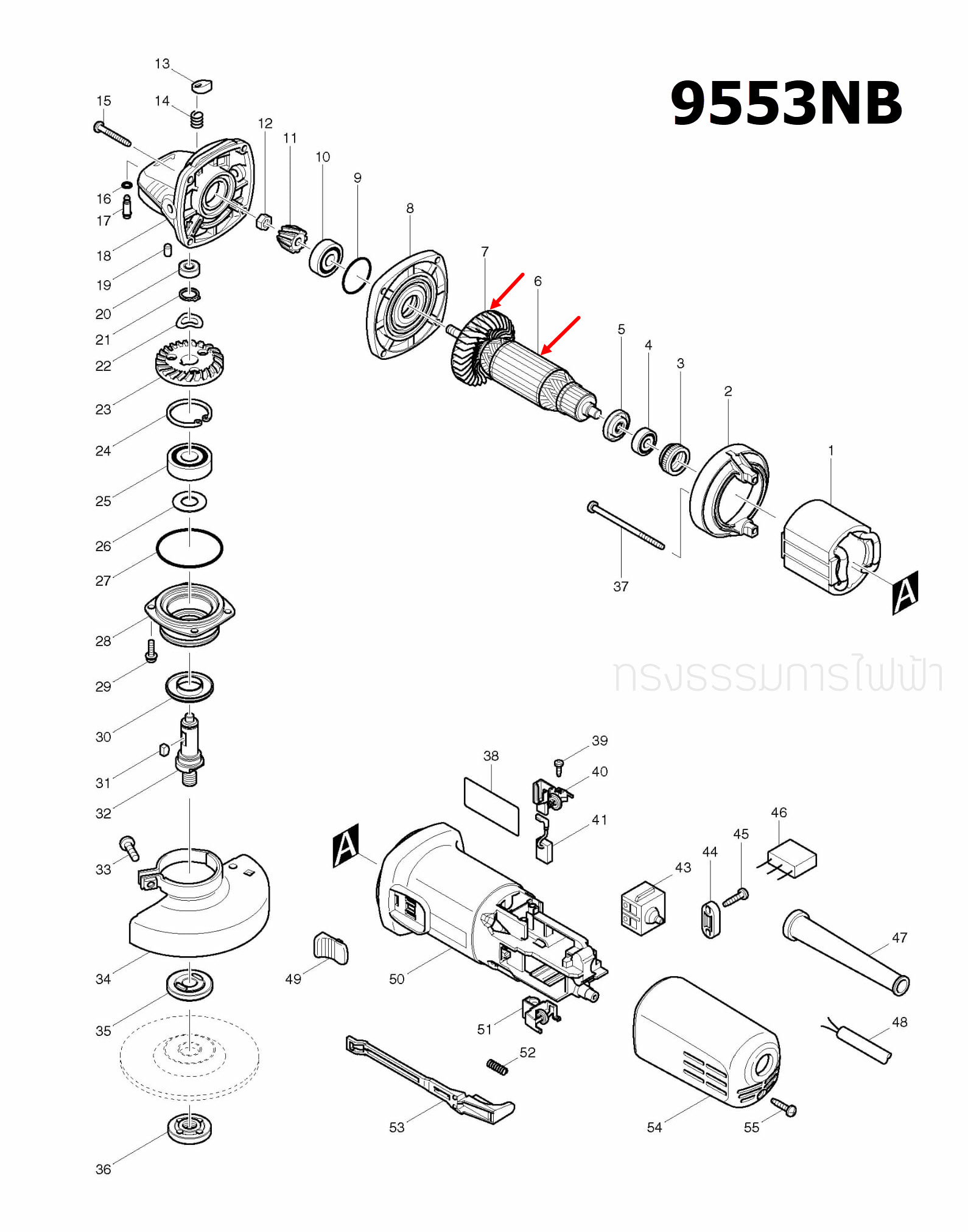 ทุ่น หินเจียร Makita-มากีต้า รุ่น 9553NB, 9553B, 9553BX, 9553HN Pn.515619-7,Pn.510086-1(แท้) ## (*)