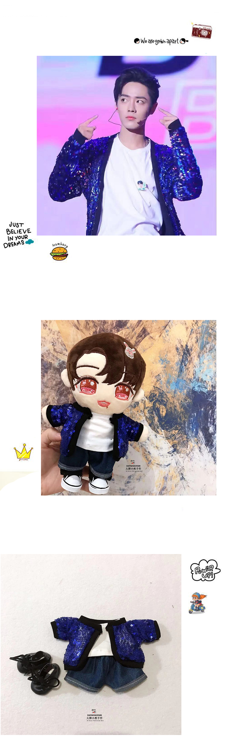 ชุดตุ๊กตา เซียวจ้าน (เสื้อปักเลื่อมน้ำเงิน+เสื้อยืดขาว+กางเกง)