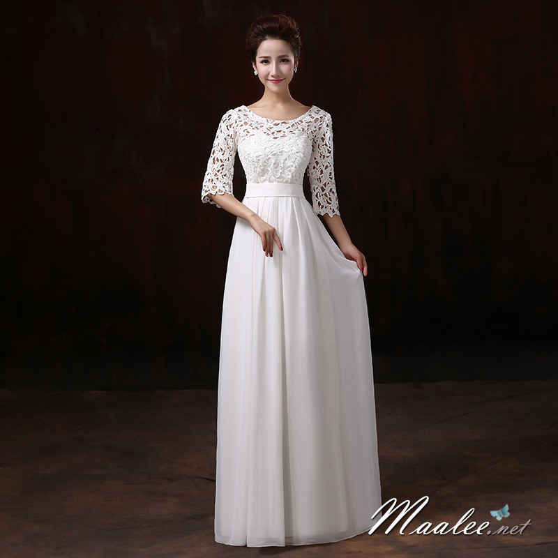 พร้อมส่ง ชุดราตรียาว สีขาว แขนสามส่วน ลูกไม้ฉลุ กระโปรงผ้าชีฟอง