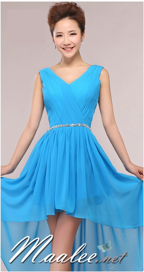 พร้อมส่ง ชุดราตรีสั้น แขนกุด หน้าสั้นหลังยาว สีฟ้าเข้ม คาดเอวคริสตัล