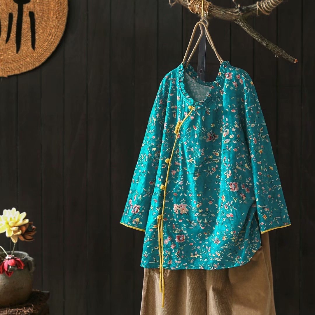 เสื้อผ้าฝ้ายลายดอกไม้แต่งกระดุมเฉียง