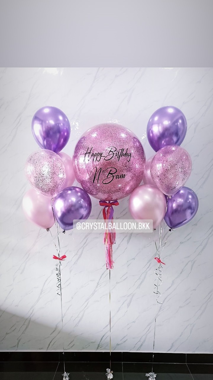 ลูกโป่ง วันเกิด Bubble ขนาด 24" สีชมพู พร้อมตกแต่ง ช่อลูกโป่งโครเมี่ยม ช่อ 5 ลูก 1 ช่อ,ลูกโป่งใส ใส่กลิตเตอร์ สามารถเปลี่ยนสีลูกโป่ง/เปลี่ยนข้อความ/เปลี่ยนขนาดได้