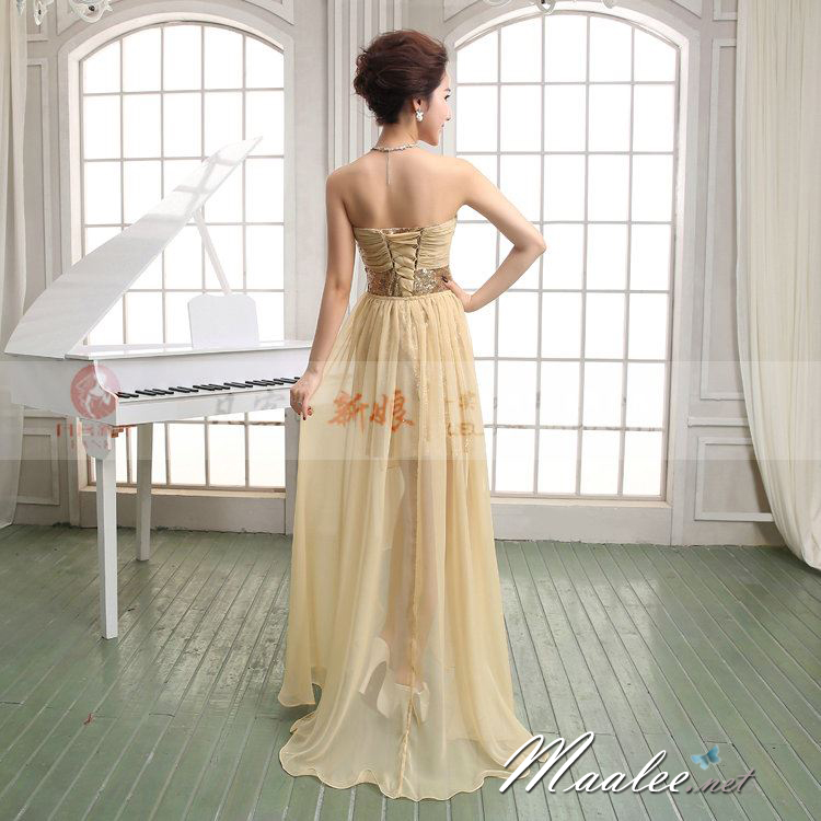 พร้อมเช่า ชุดราตรีสั้น เกาะอก สีทอง Champagne เข้ารูปปักเลื่อม อกแต่งผ้าชีฟอง หางปลาสามารถถอดได้