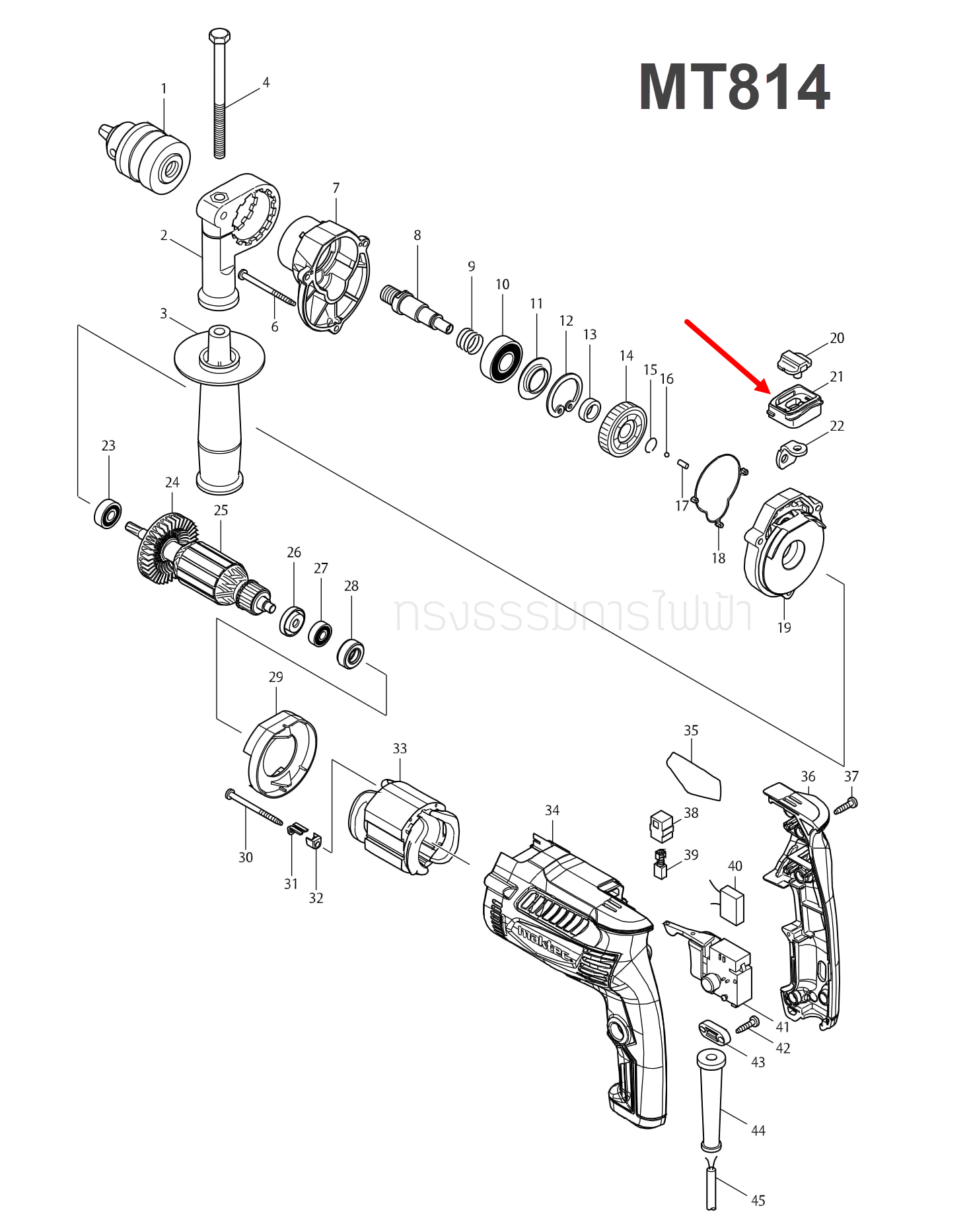 ฐานยึดตัวปรับระบบ สว่านกระแทก Maktec MT814 [#21] Pn.451908-5 (แท้) ##